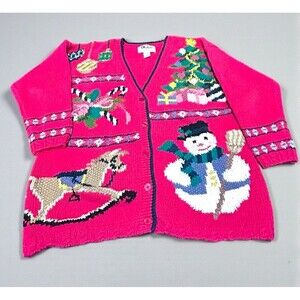 Vtg Kobe Ugly Christmas Snowman Tree Horse Cardigan Petite Sweater Size 18W